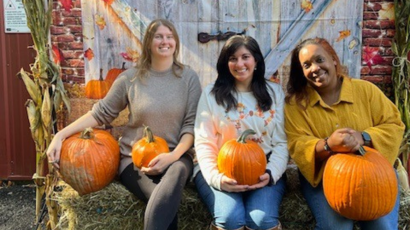 Three CBS staff members pose in front of decorated barn doors, while sitting on hay bales and holding pumpkins at Cultivating Dreams Farm.